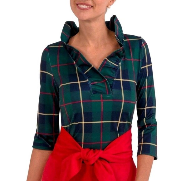 Gretchen Scott Designs Tops - GRETCHEN SCOTT Plaidly Cooper Ruffle Neck Top